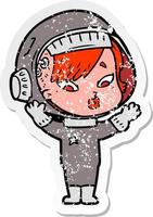 beunruhigter Aufkleber einer Cartoon-Astronautenfrau vektor