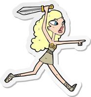 klistermärke av en tecknad serie viking flicka med svärd vektor