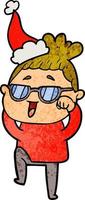 Strukturierter Cartoon einer glücklichen Frau mit Brille und Weihnachtsmütze vektor