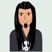 Porträt eines Mannes mit langen Haaren. schöner junger Mann mit schwarzen Haaren. Fan von Rock- oder Metal-Musik. männlicher Avatar im flachen Cartoon-Stil. vektor