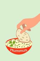 Illustration eines Hummus. Nationalgericht Israels aus Kichererbsen. vegetarische vegane Mahlzeit. flacher Cartoon-Vektor. vektor