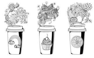 Einhorn-Kaffee. Regenbogengeschmack. Kuchen Kaffee. süße Stimmung. fruchtiger Kaffee. set Illustrationen einer Kaffeetasse mit süßen Komponenten. schwarze Abbildung. vektor
