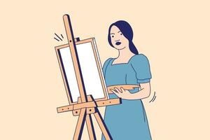 illustrationer av skön ung kvinna konstnär innehav en palett i målning studio vektor