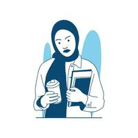Vektorgrafik im flachen Stil Süßes muslimisches Mädchen, das Hijab trägt, verwendet ein Telefon mit Kaffee vektor