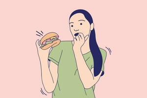 Illustrationen schöne junge Frau, die draußen einen Burger isst vektor