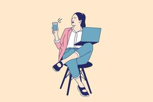 illustrationen einer schönen freiberuflerin, die einen laptop benutzt und eine kaffeetasse hält, während sie an ihrem arbeitsplatz sitzt vektor