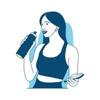platt stil vektor illustration skön flicka drycker vatten efter träna och innehav telefon