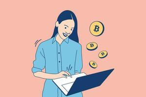 illustrationen einer schönen frau, die einen laptop für den bitcoin-handel mit kryptowährung verwendet vektor