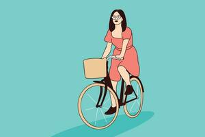 Illustrationen einer schönen jungen Frau, die im Stadtpark Fahrrad fährt vektor