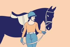 Illustrationen einer schönen Reiterin mit Helm, die ihr Pferd auf der Ranch streichelt vektor