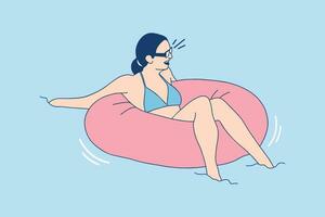 Illustrationen einer schönen Bikini-Frau, die am Sommertag auf einem Schwimmer in einem Pool liegt vektor