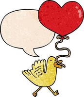 karikaturvogel und herzballon und sprechblase im retro-texturstil vektor