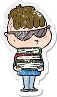 Distressed Sticker eines Cartoon-Jungen mit Sonnenbrille und Stapel Büchern vektor