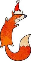 texturerad tecknad serie av en Hoppar räv bär santa hatt vektor