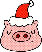 Comic-Stil-Illustration eines Schweinegesichts mit Weihnachtsmütze vektor