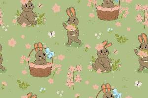 sömlös mönster med söt kaniner och blommor. vektor grafik.