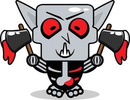 niedliche Nosphere-Knochen-Maskottchen-Charakter-Cartoon-Vektor-Illustration mit blutiger Axt vektor