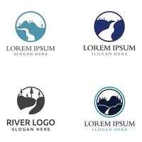 logotyper av floder, bäckar, flodstränder och strömmar. flod logotyp med kombination av bergen och jordbruksmark med begrepp design vektor illustration mall.