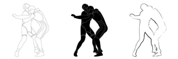 disposition skiss svart och vit siluett av en brottare idrottare i brottning, hålla, grappling. doodle svart och vit linjeteckning. vektor