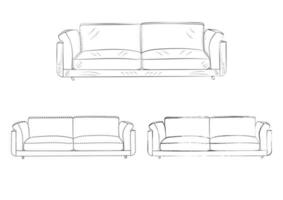 Zeichnungsskizze, Silhouette Umriss Sofa, Couch, Couch, Tagesbett, Chaiselongue, Ottomane. Linienstil und Pinselstriche vektor