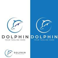 Delphin-Logo. Delfinspringen auf den Wellen des Meeres oder Strandes. mit Vektorillustrationsbearbeitung. vektor