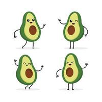 niedlicher avocado-frucht-cartoon-charakter-vektor-illustrationssatz, ideal für lebensmittel-, obst- und kinderthemen
