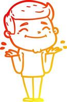 Warme Gradientenlinie zeichnet glücklichen Cartoon-Mann, der die Achseln zuckt vektor