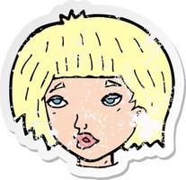 Retro-Distressed-Aufkleber einer gelangweilt aussehenden Cartoon-Frau vektor