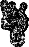 cartoon verzweifelte ikone eines schockierten außerirdischen mädchens mit weihnachtsmütze vektor