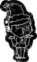 tecknad serie bedrövad ikon av en Lycklig pojke med Nej oro bär santa hatt vektor
