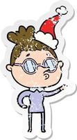bedrövad klistermärke tecknad av en kvinna som bär glasögon som bär tomtehatt vektor