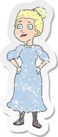 Retro-Distressed-Aufkleber einer viktorianischen Cartoon-Frau im Kleid vektor