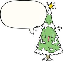tecknad serie snöig jul träd och Lycklig ansikte och Tal bubbla vektor