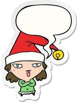tecknad flicka som bär julhatt och pratbubbla klistermärke vektor