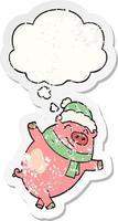 Cartoon-Schwein mit Weihnachtsmütze und Gedankenblase als verzweifelter, abgenutzter Aufkleber