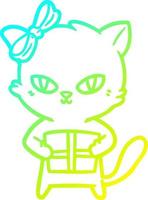 Kalte Gradientenlinie zeichnet niedliche Cartoon-Katze mit Geschenk vektor