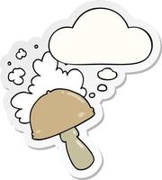 Cartoon Pilz mit Sporenwolke und Gedankenblase als bedruckter Aufkleber vektor