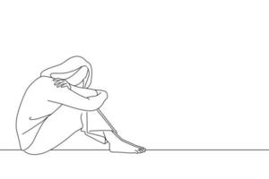 Illustration einer traurigen Frau mit Depression, die allein auf dem Boden sitzt. Umrisszeichnungsstil Kunst vektor