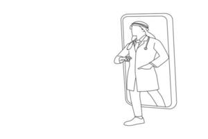 Illustration eines jungen männlichen nahöstlichen Arztes in weißer Uniform mit Stethoskop, das auf einem großen Handy-Bildschirm herauskommt. Linienkunststil vektor