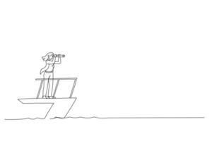 karikatur des intelligenten geschäftsfrau-bootskapitäns steuert lenkradhelm mit teleskopblick. Unternehmensführung und Visionär, um den Unternehmenserfolg zu führen. Kunststil mit durchgehender Linie vektor