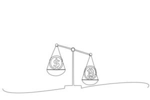 tecknad serie av affärsman investerare eller näringsidkare balans portfölj med dollar mynt och bitcoin. enda kontinuerlig linje konst stil vektor
