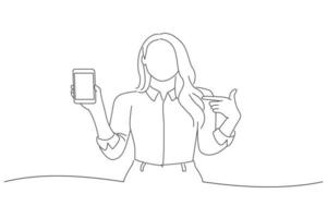 Zeichnung einer fröhlichen asiatischen Geschäftsfrau, die ein Handy mit leerem Bildschirm zeigt. Linienkunststil vektor