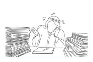karikatur eines arabischen geschäftsmannes, der im büro arbeitet und papierkram erledigt. fortlaufende Strichzeichnungen vektor