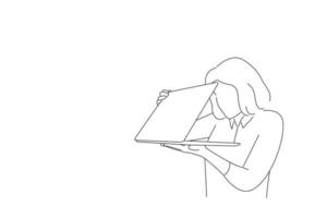 Zeichnung einer schockierten, verängstigten Frau, die heimlich auf den halbgeschlossenen Laptop-Bildschirm blickt, verärgert, Angst vor Fehlern. Umrisszeichnungsstil Kunst vektor