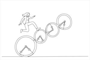 tecknad serie av affärskvinna löpning på tid. enda kontinuerlig linje konst stil vektor