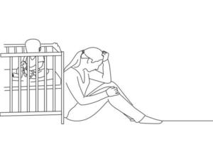 Zeichnung einer depressiven jungen Frau mit süßem Baby im Babybett. Linienkunststil vektor