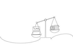 illustration av affärsman hand använda sig av mynt. skalor obalans med metall beskatta vikt boll och kontanter pengar begrepp. ett linje konst stil vektor