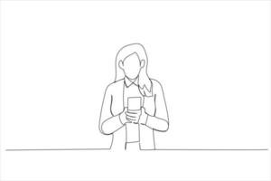 teckning av ung kvinna använder sig av hans telefon medan stående. enda kontinuerlig linje konst vektor