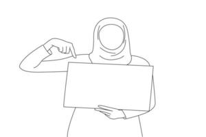 zeichnung einer asiatischen muslimischen frau, die mit dem finger auf die weiße leere tafel der seite zeigt, isoliert. Linienkunststil vektor