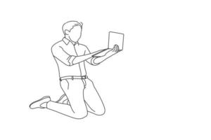 Karikatur eines schreienden Geschäftsmannes, der hochspringt und einen Laptop isoliert auf weißem Hintergrund hält. Linienkunststil vektor